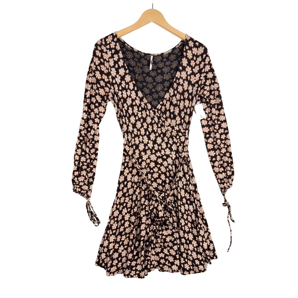 Free People Pradera Floral Print Faux Wrap Short Dress Tie Sleeve Stretch Sz‎ XS
